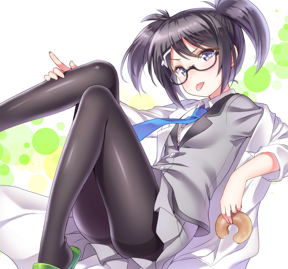 1girl, bemani, black_hair, black_pantyhose, blush, buttons, donut, female_focus