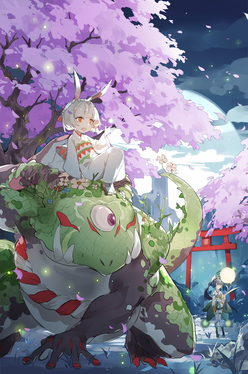 2girls, animal_ears, barefoot, black_hair, blue_eyes, brown_eyes, cherry_blossoms, cloud