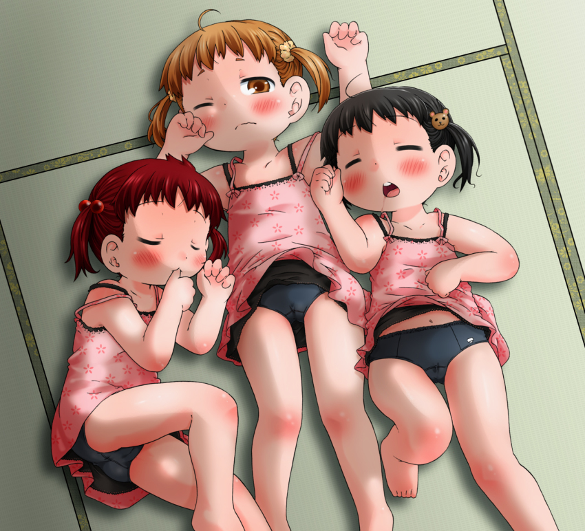 3girls, akita_shoten, animal_hair_ornament, barefoot, bear_hair_ornament, black_panties, blonde_hair, blush, bra_strap, bunches, cameltoe, chemise, chemise_lift, clothes_lift, denki_(digi6598), dot_nose, eyebrows, feet, feet_out_of_frame, female_focus, floral_print, foot_out_of_frame, from_above, hair_bobbles, hair_ornament, highres, loli, looking_at_viewer, lying, marui_futaba, marui_hitoha, marui_mitsuba, midriff_peek, mitsudomoe_(manga), multiple_girls, navel, nightgown, on_back, on_floor, on_side, one_eye_closed, open_mouth, panties, pink_chemise, print_chemise, print_clothes, red_hair, saliva, scrunchie, sleeping, sleepy, sucking_finger, tatami, teeth, toes, twintails, underwear, upper_teeth_only, wink, yellow_scrunchie
