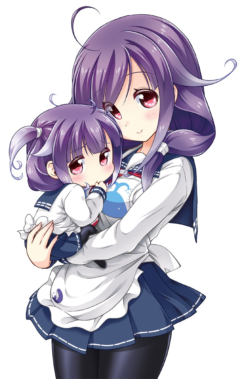 10s, 2girls, aged_down, ahoge, akari_ryuryuwa, animal_print, apron, black_legwear, blue_skirt, blush, carrying, child, dual_persona, fish_print, hair_flaps, highres, kantai_collection, long_hair, long_sleeves, looking_at_viewer, low_twintails, miniskirt, mother_and_child, mother_and_daughter, multiple_girls, neckerchief, pantyhose, parent_and_child, pleated_skirt, purple_hair, red_eyes, sailor_collar, school_uniform, serafuku, simple_background, skirt, smile, taigei_(kancolle), thumb_sucking, twintails, whale_print, white_background