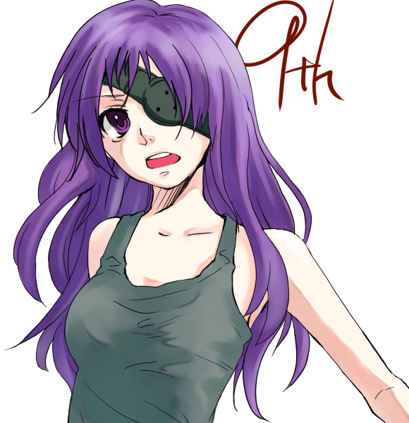 1girl, :d, ako, ako_(so_crazy!?), armpits, bare_shoulders, blush, eyepatch