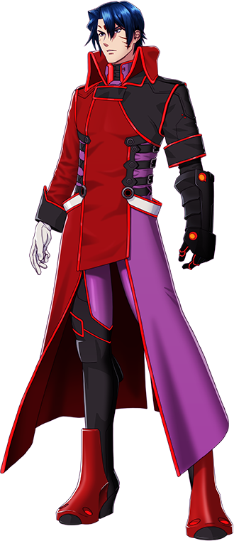 1boy, al-van_lunks, banpresto, blue_hair, facial_mark, forehead_mark, full_body, gloves