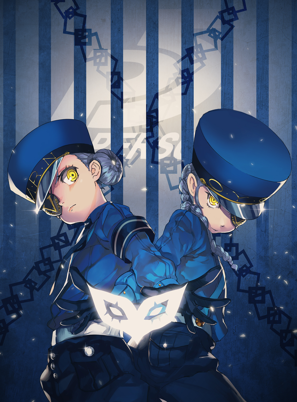 10s, 2girls, armband, belt, black_gloves, blonde_hair, blue_hat, blue_pants