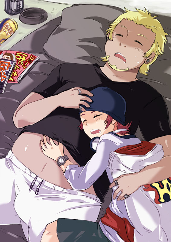 10s, 2boys, bed, bulge, crotch, closed_eyes, fat, fat_man, k-project, kamamoto_rikio, lying, male_focus, multiple_boys, sleeping, yaoi, yata_misaki