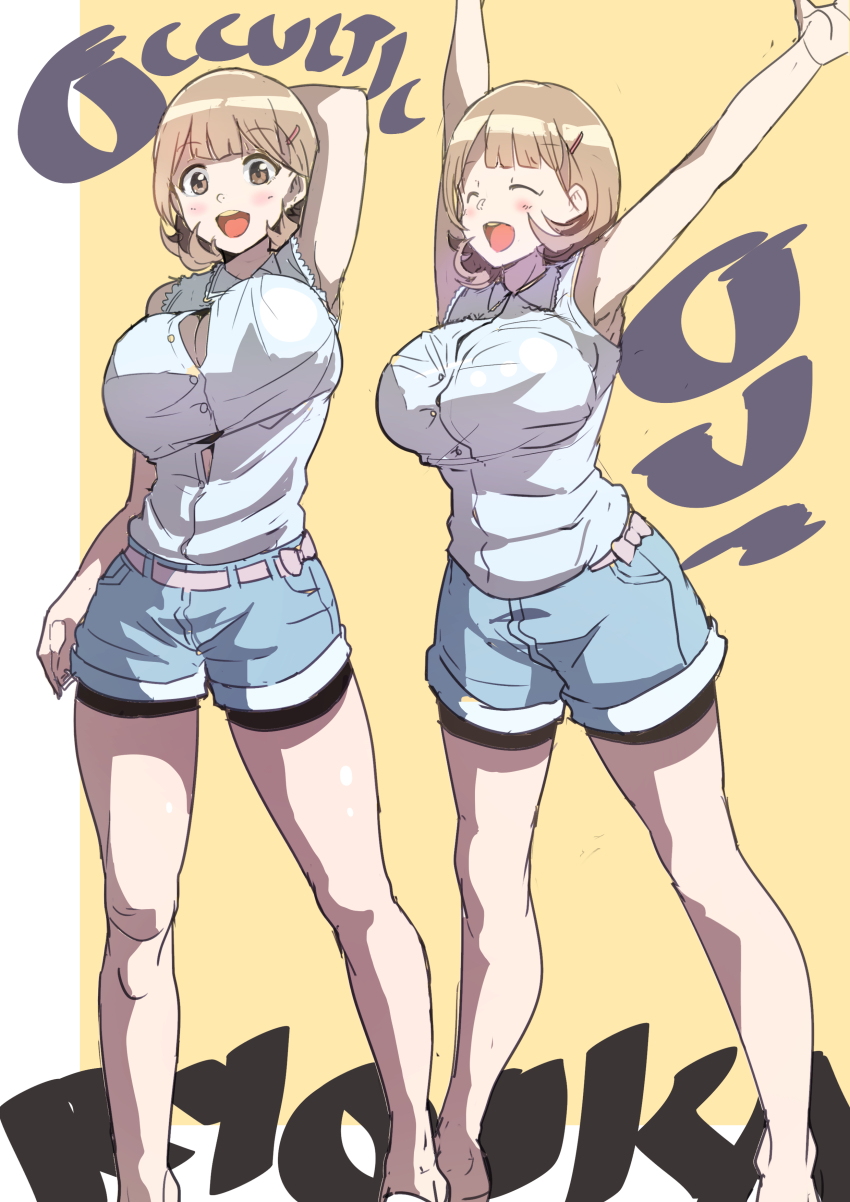 10s, 1girl, :d, ^_^, absurdres, arm_behind_head, arms_up, bare_shoulders, belt, blonde_hair, breasts, brown_eyes, brown_hair, bursting_breasts, character_name, cleavage, closed_eyes, copyright_name, denim, female_focus, gloves, hair_ornament, hairclip, highres, huge_breasts, jeans, julioalqae, multiple_persona, multiple_views, narusawa_ryouka, occultic;nine, open_mouth, outstretched_arms, pants, science_adventure, shirt, short_hair, shorts, sleeveless, sleeveless_shirt, smile, standing, white_gloves