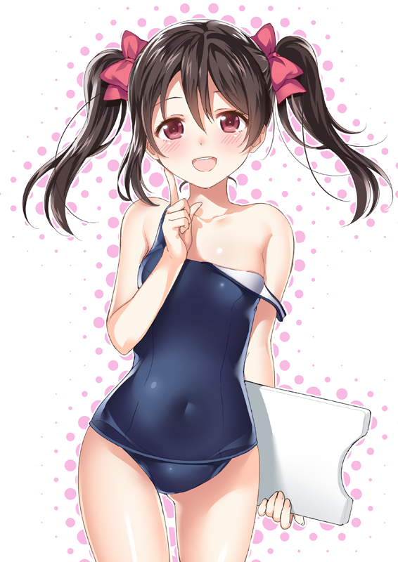10s, 1girl, :d, asymmetrical_hair, black_hair, blue_one-piece_swimsuit, blush, bow