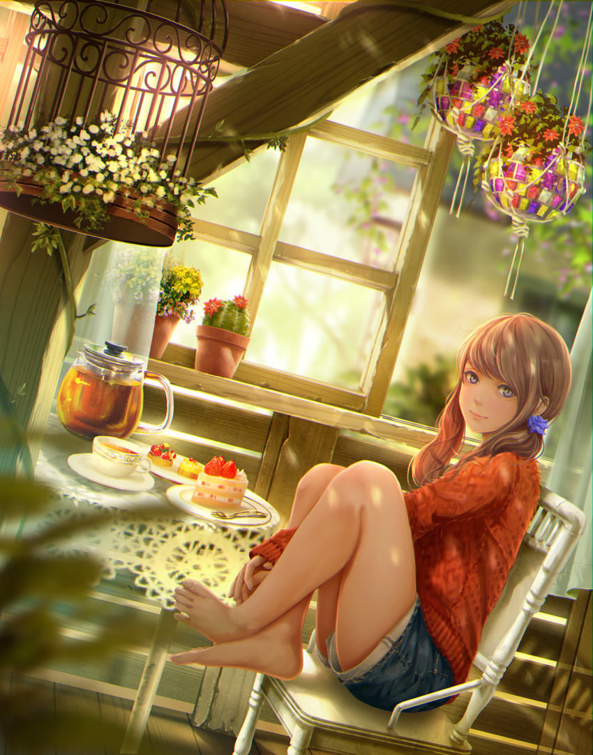 1girl, bare_legs, barefoot, birdcage, blurry, brown_hair, cactus, cage