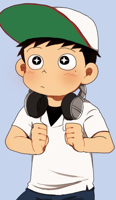 +_+, 10s, 1boy, bad_id, bad_twitter_id, baseball_cap, black_eyes, black_hair, clenched_hand, employee_uniform, grey_background, hat, headphones, headphones_around_neck, katsumata_agetarou, male_focus, milk_(impermanent), milk_(pixiv_8888892), polo_shirt, simple_background, solo, symbol-shaped_pupils, tonkatsu_dj_agetarou, upper_body