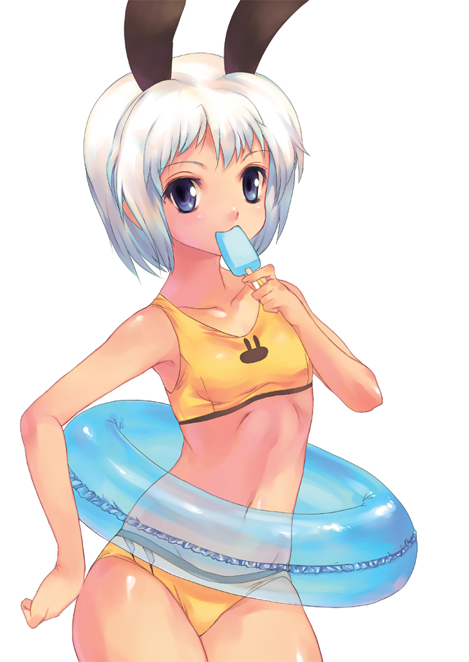 1girl, animal_ears, bikini, blue_eyes, child, female_focus, flat_chest, food