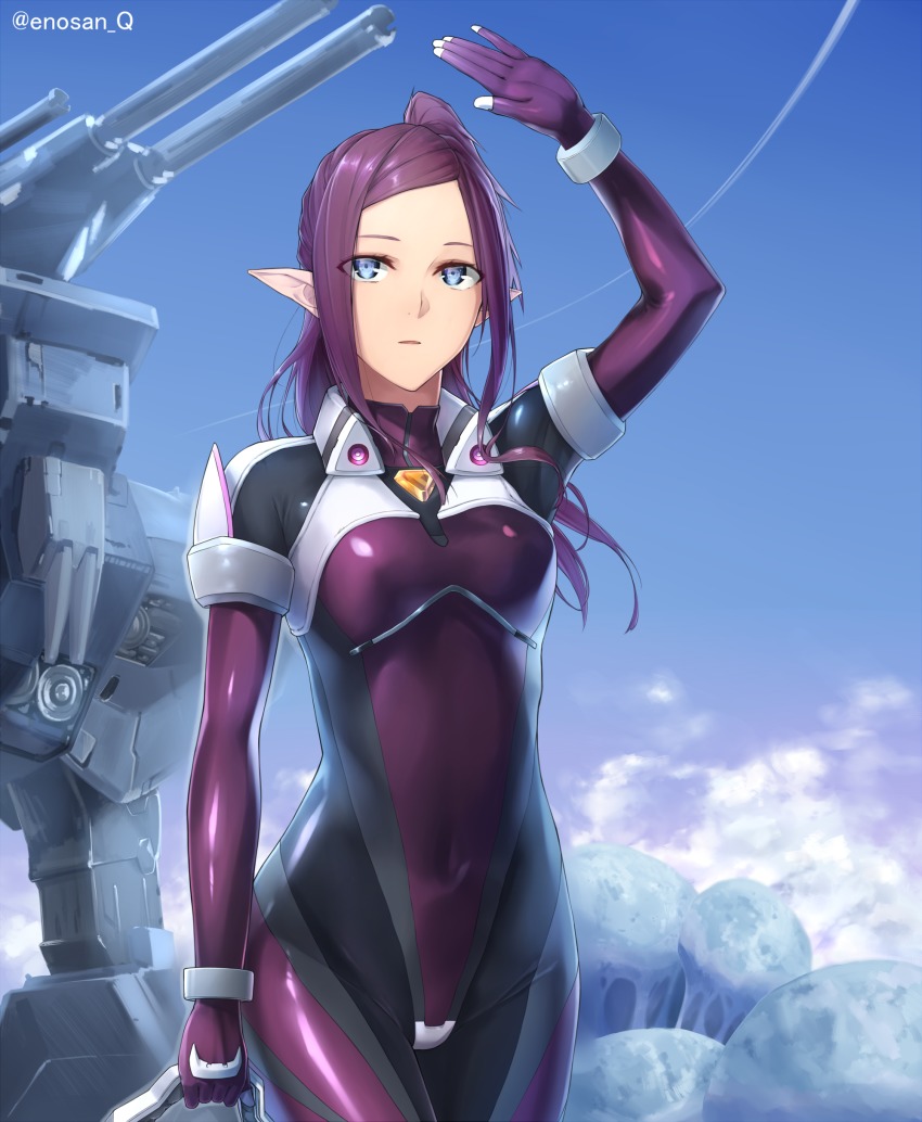 10s, 1girl, absurdres, blue_eyes, blue_sky, bodysuit, breasts, cloud, day, energy_cannon, enosan, female_focus, gloves, helmet, highres, looking_at_viewer, macross, macross_delta, macross_elysion, mecha, medium_breasts, meltrandi, mirage_farina_jenius, pilot_suit, pointy_ears, purple_bodysuit, purple_hair, robot, science_fiction, signature, sky, solo, spacesuit, watermark