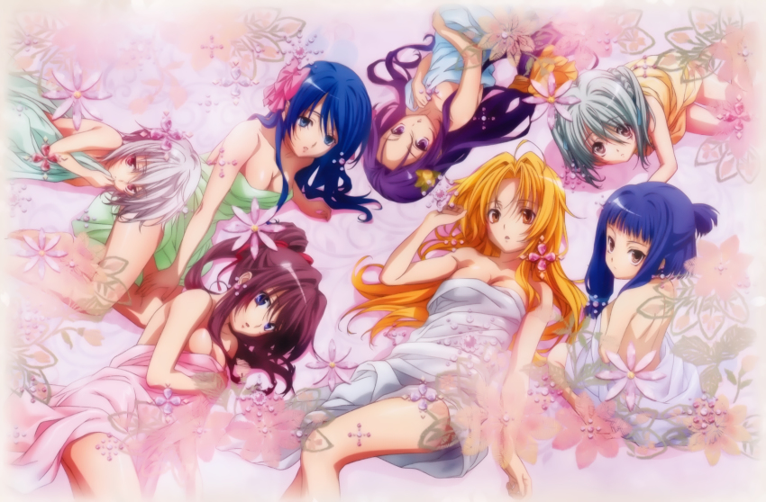 6+girls, absurdres, ahoge, akechi_mitsuhide_(oda_nobuna_no_yabou), bare_back, barefoot, bed_sheet, blonde_hair