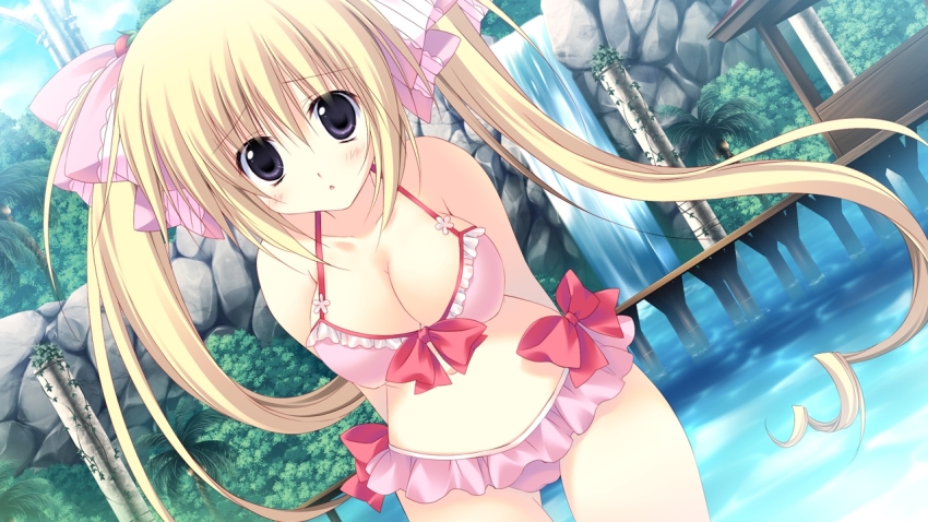 1girl, annemarie_lohenstein, bikini, blonde_hair, blush, breasts, female_focus, gaku_ou, game_cg, hair_ribbon, korie_riko, long_hair, ribbon, solo, swimsuit, twintails