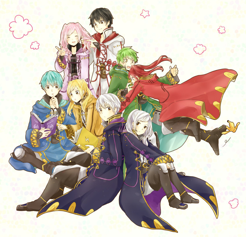 4boys, 4girls, black_hair, blonde_hair, blue_eyes, blue_hair, blush, book