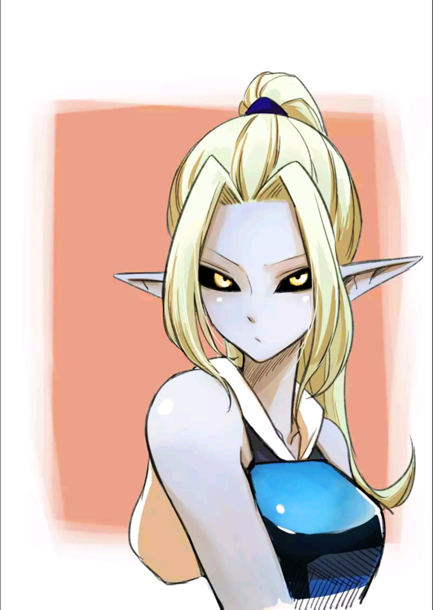 1girl, bare_shoulders, black_sclera, blonde_hair, colored_sclera, colored_skin, female_focus, grey_skin, helck, highres, hyura_(helck), looking_at_viewer, nanao_nanaki, pointy_ears, ponytail, solo, yellow_eyes