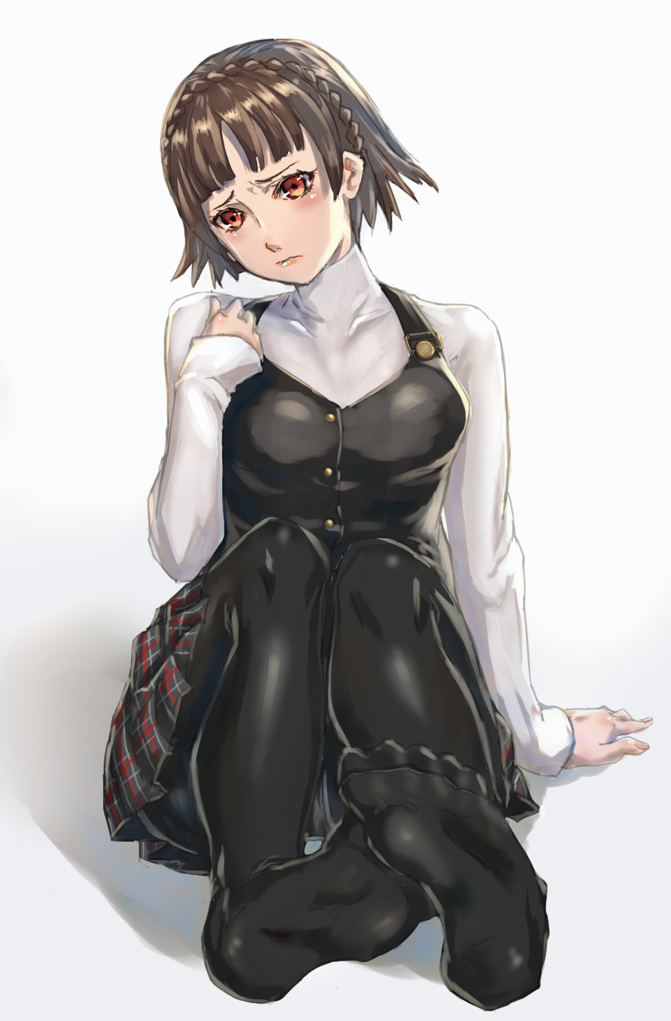 10s, 1girl, braid, brown_hair, crown_braid, female_focus, highres, niijima_makoto, no_shoes, pantyhose, persona, persona_5, plaid_clothes, plaid_skirt, red_eyes, school_uniform, short_hair, skirt, solo, yuugao
