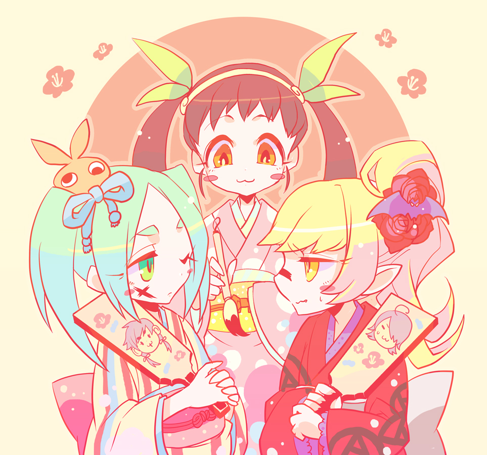 3girls, :3, ;/, ahoge, alternate_hairstyle, araragi_koyomi, bad_id, bad_pixiv_id, bat_hair_ornament, black_hair, blush, blush_stickers, brown_hair, character_print, closed_mouth, eyebrows, facepaint, fang, fang_out, floral_print, flower, green_eyes, green_hair, green_ribbon, hachikuji_mayoi, hagoita, hair_flower, hair_ornament, hair_ribbon, hairband, hanetsuki, hat, holding, japanese_clothes, kanbaru_suruga, kimono, long_hair, long_sleeves, looking_at_another, low_twintails, monogatari_(series), multiple_girls, obi, ononoki_yotsugi, oshino_shinobu, outline, own_hands_together, paddle, paintbrush, pointy_ears, ponytail, red_flower, red_rose, ribbon, rose, sash, solid_oval_eyes, striped_clothes, striped_kimono, sweatdrop, twintails, wabi_(youtakak), wavy_mouth, wide_sleeves, yellow_eyes