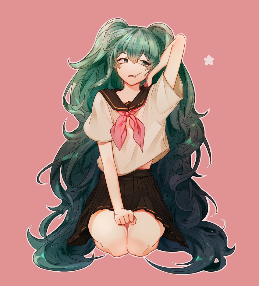 1girl, bad_id, bad_pixiv_id, female_focus, full_body, hatsune_miku, highres, kneeling, long_hair, pink_background, school_uniform, serafuku, solo, totu, twintails, vocaloid