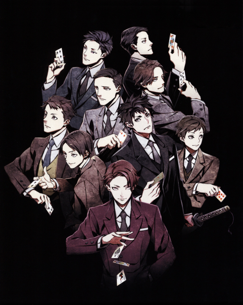 absurdres, amari_(joker_game), black_background, black_hair, card, everyone, formal_clothes, fukumoto_(joker_game), hatano_(joker_game), highres, jitsui_(joker_game), joker_game, kaminaga_(joker_game), katana, miwa_shirow, miyoshi_(joker_game), necktie, odagiri_(joker_game), official_art, sakuma_(joker_game), scan, short_hair, suit, sword, tazaki_(joker_game), weapon
