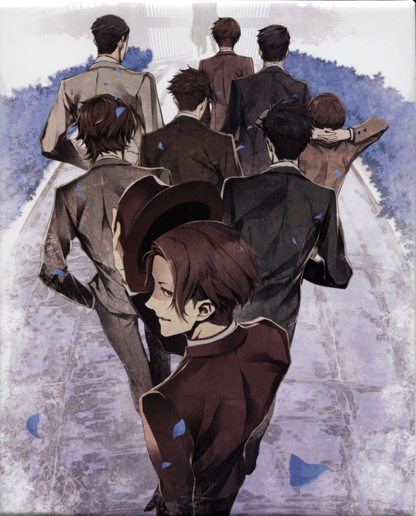 6+boys, absurdres, amari_(joker_game), black_hair, brown_hair, fedora, formal_clothes, from_behind