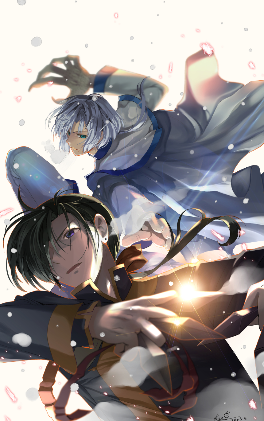 2boys, akatsuki_no_yona, blue_hair, claws, earrings, green_hair, hair_over_one_eye, highres
