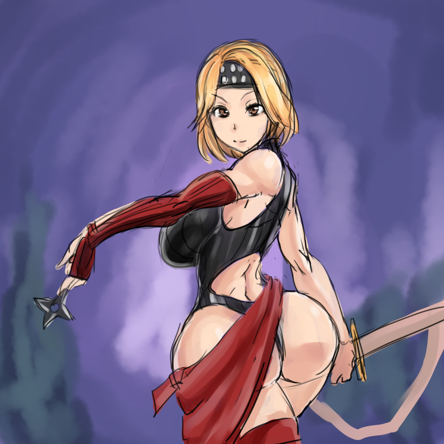 10s, 1girl, ass, blonde_hair, breasts, brown_eyes, djeeta_(granblue_fantasy), female_focus, granblue_fantasy, headband, koucha_indian, large_breasts, leotard, ninja, ninja_(granblue_fantasy), shuriken, solo, weapon