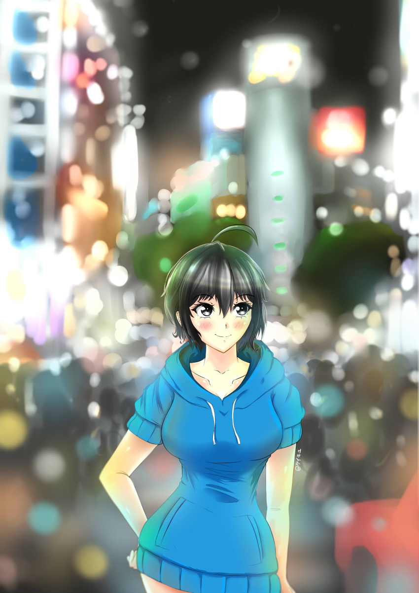 1girl, absurdres, ahoge, black_hair, blurry, blurry_background, blush, bokeh