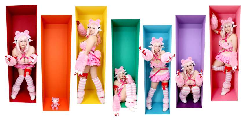 1girl, animal_ears, animal_hands, bare_shoulders, bear_ears, bear_hat, bear_paws, bikini, blood, blood_splatter, blush, breasts, chain, chouzuki_maryou, claws, cleavage, collar, cosplay, east_asian, fake_animal_ears, fake_blood, gloomy_bear, gloomy_bear_(cosplay), gloves, headphones, highres, large_breasts, long_hair, looking_at_viewer, navel, nitroplus, open_mouth, panties, paw_gloves, photo_(medium), pink_hair, plump, red_eyes, smile, striped_clothes, striped_thighhighs, super_sonico, super_sonico_(cosplay), swimsuit, tail, thick_thighs, thighhighs, thighs, underwear, white_panties