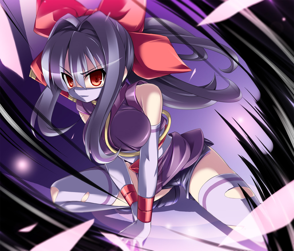 1girl, female_focus, katami_shinta, long_hair, mask, mouth_mask, ninja, ninja_mask, purple_hair, red_eyes, ribbon, shinrabanshou, shorts, socks, solo, thighhighs, torn_clothes, yuuyami_no_mikazuki