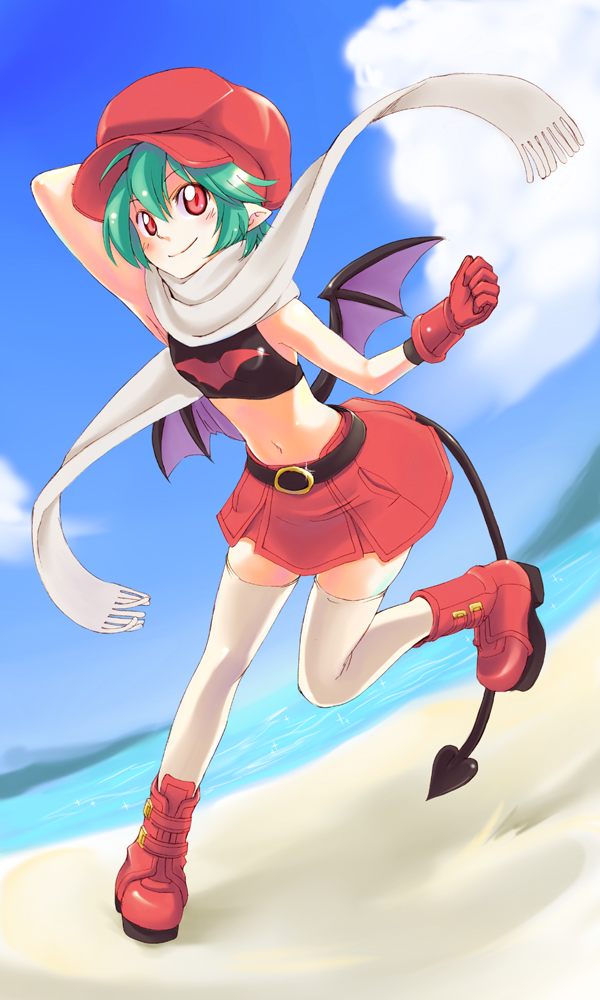 1girl, bat_wings, beach, newsboy_cap, day, demon_tail, dutch_angle, female_focus