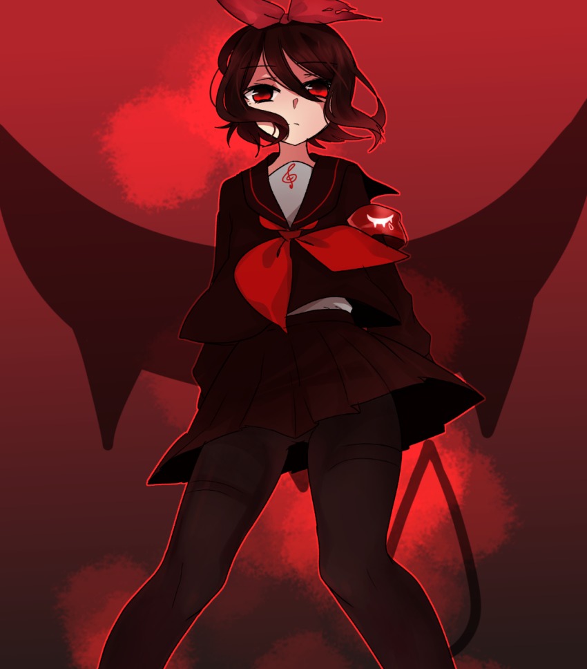 1girl, alternate_hair_color, ascot, black_hair, black_legwear, black_serafuku, female_focus, from_below