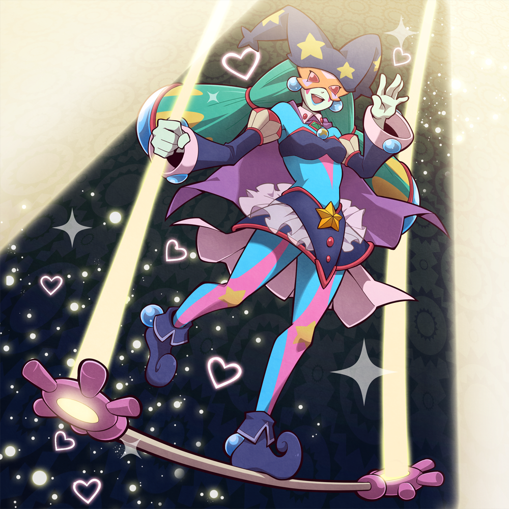 1girl, bodysuit, cape, colored_skin, domino_mask, duel_monster, eye_mask, female_focus, green_hair, green_skin, hat, heart, mask, performage_trapeze_force_witch, skirt, smile, solo, star_(symbol), technoga, waving, yu-gi-oh!