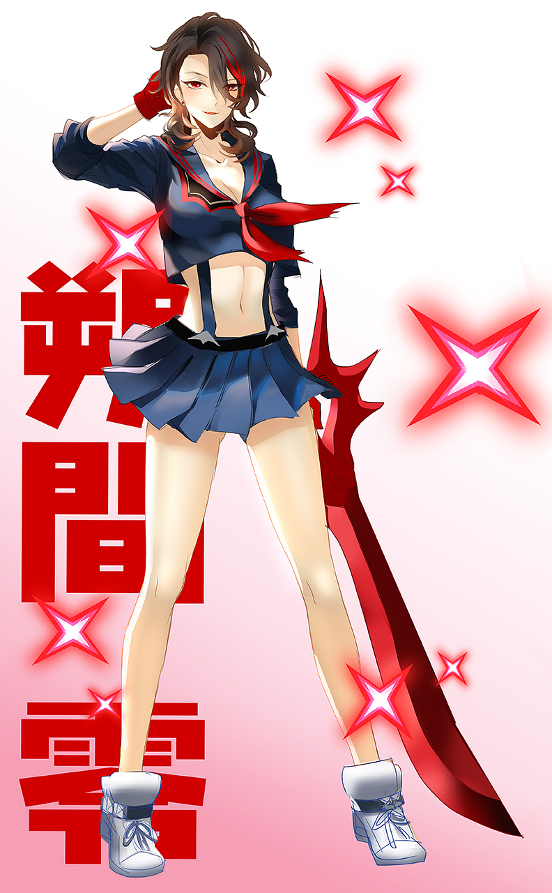 1girl, black_hair, breasts, cleavage, cosplay, earrings, ensemble_stars!, female_focus, full_body, genderswap, genderswap_(mtf), gloves, hair_between_eyes, highres, jewelry, kaede1231, kill_la_kill, large_breasts, legs, matoi_ryuuko, matoi_ryuuko_(cosplay), midriff, multicolored_hair, navel, pleated_skirt, red_eyes, red_gloves, sakuma_rei_(ensemble_stars!), scissor_blade_(kill_la_kill), senketsu, shoes, skirt, sneakers, solo, sparkle, streaked_hair, stud_earrings, suspenders, weapon