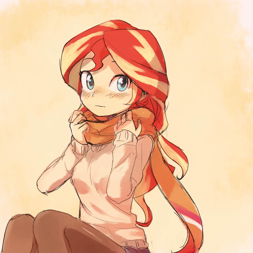 1girl, baekgup, blue_eyes, female_focus, long_hair, looking_at_viewer, multicolored_hair, my_little_pony, my_little_pony:_equestria_girls, my_little_pony:_friendship_is_magic, pantyhose, personification, red_hair, scarf, simple_background, solo, streaked_hair, sunset_shimmer, sunset_shimmer_(human), sweater