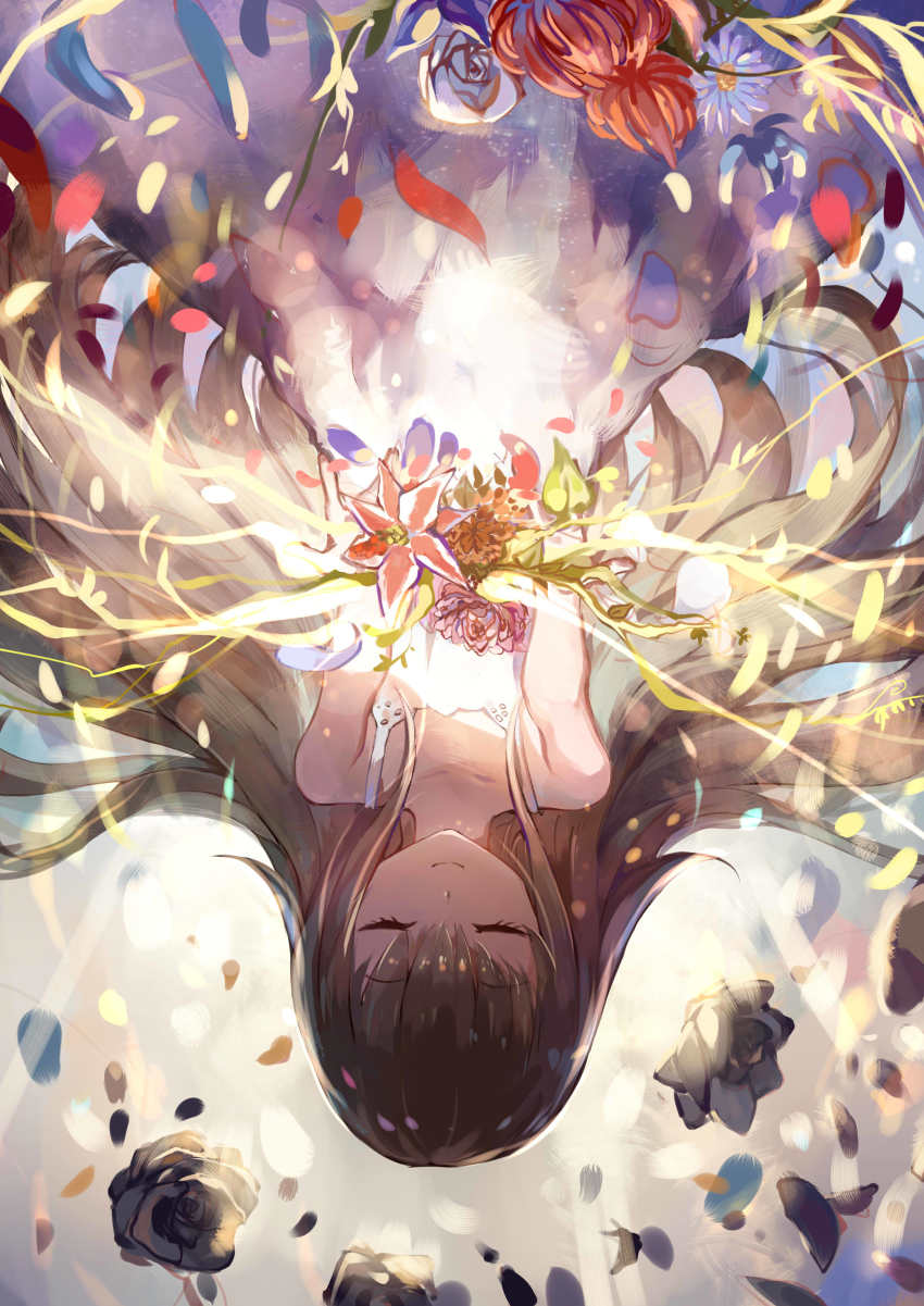 1girl, absurdres, alice_(deemo), brown_hair, closed_eyes, deemo, dress, female_focus