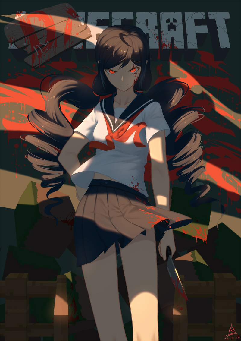 1girl, ahoge, blood, blood_on_clothes, blood_on_face, bloody_knife, blue_skirt, brown_hair, closed_mouth, collarbone, copyright_name, creeper, dated, drill_hair, female_focus, fence, hand_on_own_hip, holding, holding_knife, kevin_(tiancaimland), kitchen_knife, knife, long_hair, minecraft, neckerchief, original, pleated_skirt, red_eyes, school_uniform, serafuku, shirt, short_sleeves, skirt, smile, solo, standing, twin_drills, very_long_hair, white_shirt, wooden_fence