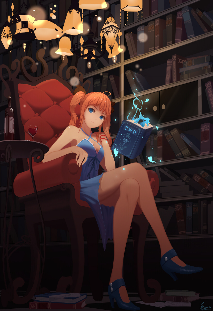 1girl, ahoge, artist_name, blonde_hair, blue_dress, blue_eyes, blue_shoes, book, bookshelf, bottle, breasts, chandelier, checkered_floor, cleavage, closed_mouth, collarbone, criss-cross_halter, crossed_legs, cup, dress, drinking_glass, female_focus, halterneck, head_tilt, high_heels, highres, kevin_(tiancaimland), lens_flare, long_hair, magic, medium_breasts, pixiv_fantasia, pixiv_fantasia_t, shoes, signature, sitting, sleeveless, sleeveless_dress, smile, solo, twintails, wine_bottle, wine_glass