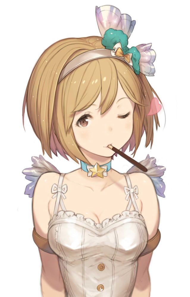 10s, 1girl, alternate_costume, armlet, bad_id, bad_pixiv_id, breasts, brown_eyes, brown_hair, choker, cleavage, djeeta_(granblue_fantasy), female_focus, food, granblue_fantasy, hair_ornament, hanarito, heart, jewelry, looking_at_viewer, matching_hair/eyes, mouth_hold, one_eye_closed, pocky, short_hair, simple_background, smile, solo, superstar_(granblue_fantasy), upper_body, white_background