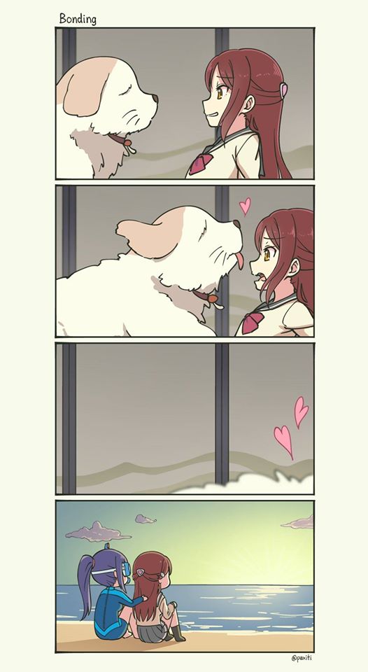 10s, 2girls, 4koma, animal, beach, cloud, comforting, comic