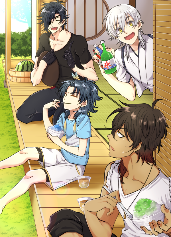 10s, 4boys, black_gloves, black_hair, blue_hair, brown_hair, closed_eyes, dark-skinned_male