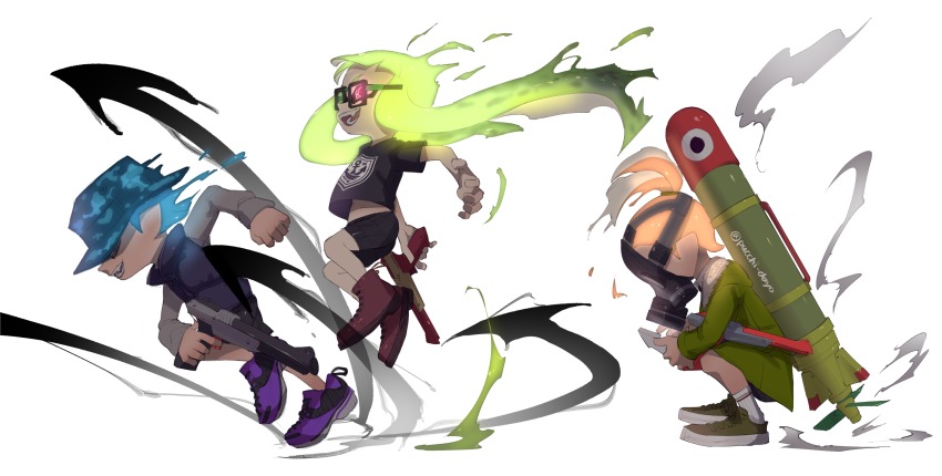 1girl, 2boys, ankle_boots, bike_shorts, black-framed_eyewear, black_shirt, black_shorts, blue_hair, blunt_bangs, boots, brown_footwear, camouflage, coat, echolocator_(splatoon), fangs, gas_mask, glasses, green_hair, green_shoes, hair_slicked_back, highres, holding, holding_weapon, inkling, inkling_boy, inkling_girl, inkling_player_character, inkstrike_(splatoon), jumping, long_hair, long_sleeves, mask, multiple_boys, n-zap_(splatoon), nintendo, orange_hair, pointy_ears, puchiman, purple_footwear, running, shirt, shoes, short_hair, short_sleeves, shorts, simple_background, smoke, sneakers, socks, splatoon_(series), splatoon_1, squatting, t-shirt, tentacle_hair, topknot, twitter_username, vest, weapon, white_background, white_legwear