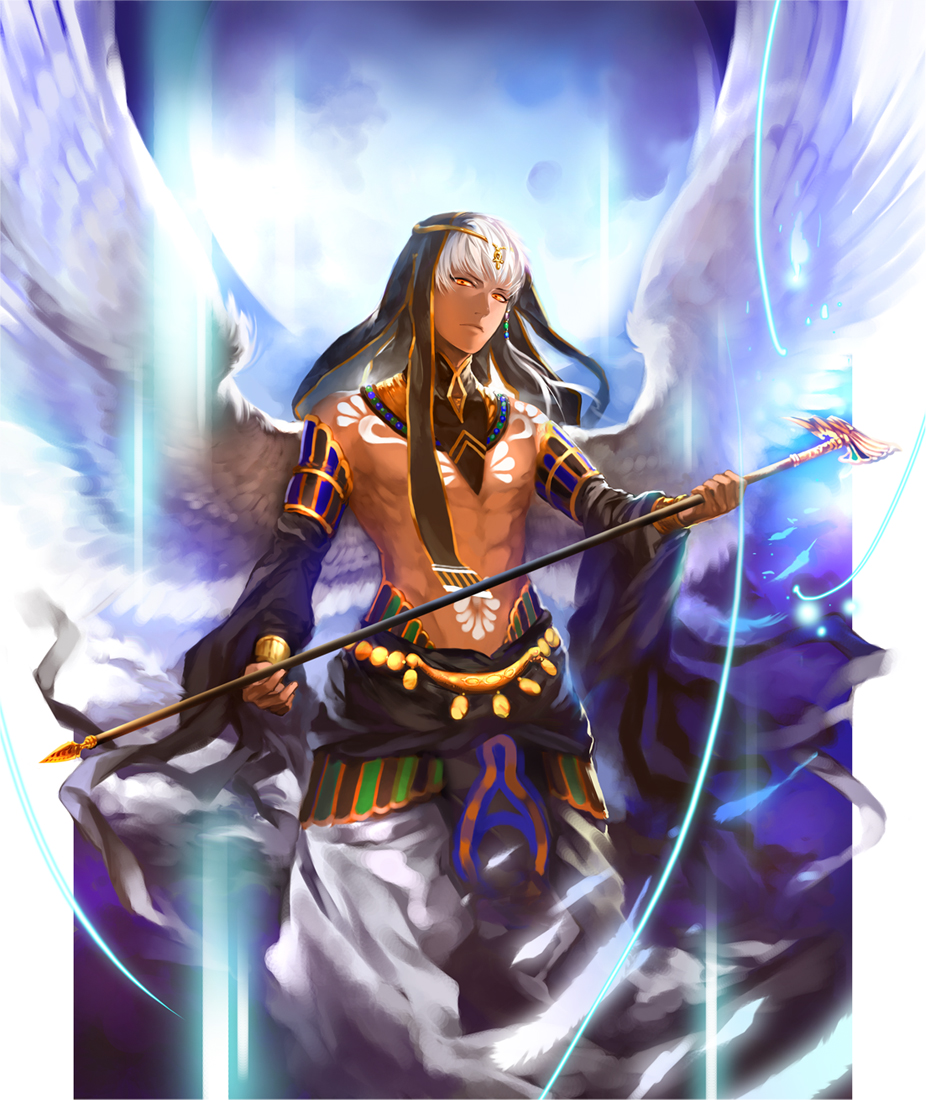 10s, 1boy, abs, bad_id, bad_pixiv_id, dark-skinned_male, dark_skin, feathered_wings, feathers, jewelry, kamigami_no_asobi, male_focus, mori_(tsk03ss), necklace, orange_eyes, sky, solo, staff, tattoo, thoth_caduceus, tiara, topless_male, veil, wings