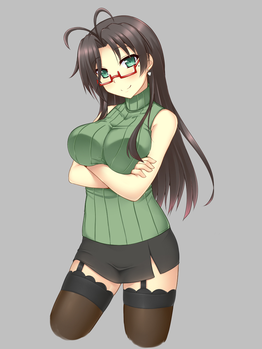 10s, 1girl, ahoge, antenna_hair, black_skirt, breasts, brown_hair, contrapposto