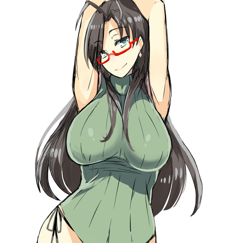 10s, 1girl, armpits, arms_up, black_hair, breasts, earrings, female_focus, glasses, green_eyes, hasegawa_chisato, jewelry, large_breasts, long_hair, q_(a72pgc), shinmai_maou_no_testament, sleeveless, sleeveless_turtleneck, solo, turtleneck
