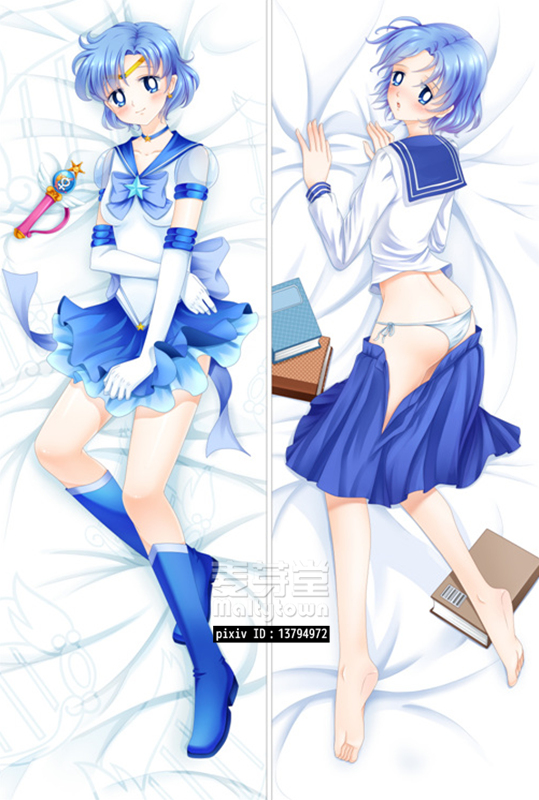2girls, ass, bakugadou, barefoot, bed_sheet, bishoujo_senshi_sailor_moon, bishoujo_senshi_sailor_moon_stars, black_skirt, blue_bow, blue_eyes, blue_footwear, blue_hair, blue_sailor_collar, blush, book, boots, bow, breasts, brooch, butt_crack, choker, crystal_change_rod, dakimakura_(medium), dual_persona, elbow_gloves, gloves, jewelry, knee_boots, magical_girl, medium_breasts, mercury_symbol, mizuno_ami, multiple_girls, multiple_views, panties, pleated_skirt, sailor_collar, sailor_mercury, school_uniform, serafuku, short_hair, side-tie_panties, skirt, star_brooch, super_sailor_mercury_(stars), tiara, underwear, undressing, watermark, white_gloves, white_panties