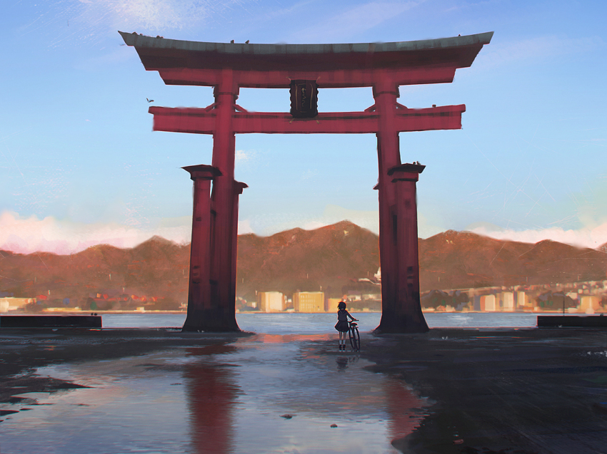 1girl, architecture, art_study, bicycle, blue_sky, day, east_asian_architecture, female_focus, from_behind, guweiz, itsukushima_shrine, mountain, original, outdoors, real_world_location, scenery, skirt, sky, socks, solo, standing, torii, very_wide_shot, white_socks