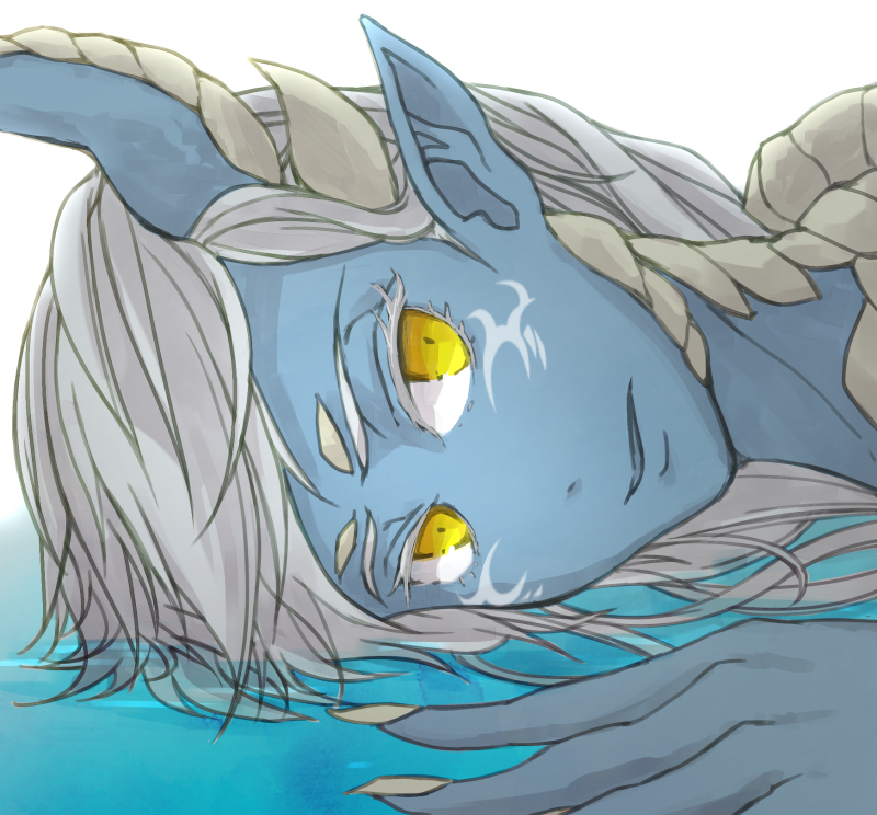 10s, 1girl, bad_id, bad_pixiv_id, blue_skin, colored_skin, dragon_girl, dragon_horns