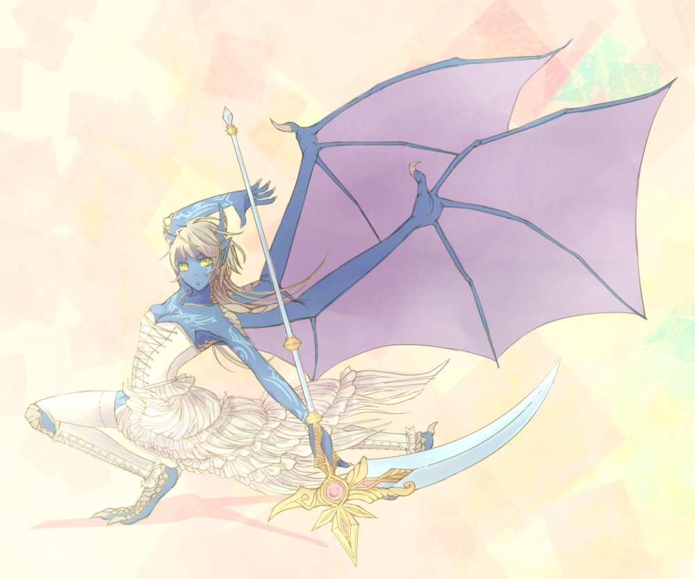 10s, 1girl, bad_id, bad_pixiv_id, barefoot, blue_skin, breasts, bustier