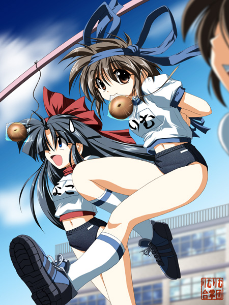 2girls, bow, bread, buruma, f20, f20_(funimaru), food, gym_uniform