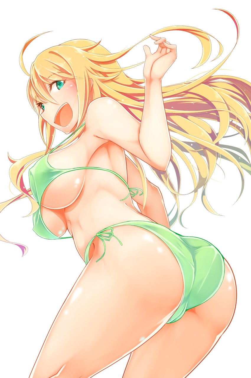 1girl, absurdres, ahoge, ass, bikini, blonde_hair, blush, breasts