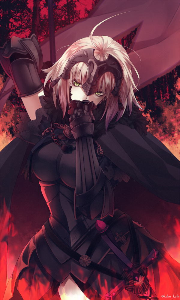1girl, ahoge, arm_up, armor, bad_id, bad_pixiv_id, blonde_hair, breastplate, breasts, capelet, chain, covered_mouth, covering_own_mouth, cowboy_shot, fate/grand_order, fate_(series), female_focus, fire, flag, fur_trim, gauntlets, green_eyes, hand_over_own_mouth, head_tilt, headpiece, holding, jeanne_d'arc_(fate), jeanne_d'arc_alter_(avenger)_(fate), jeanne_d'arc_alter_(avenger)_(first_ascension)_(fate), jeanne_d'arc_alter_(fate), kake_(kuromitsu), large_breasts, looking_at_viewer, solo, twitter_username, yellow_eyes